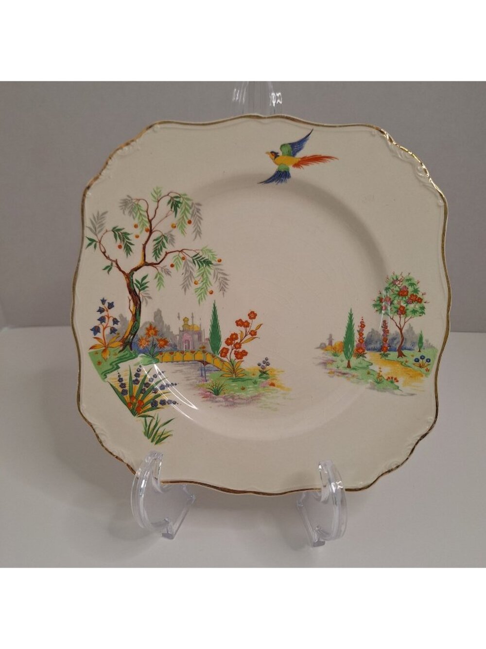 ANTIQUE J&G MEAKIN ENGLAND SQUARE LUNCHEON PLATE PERSIAN GARDEN PATTERN 1900'S